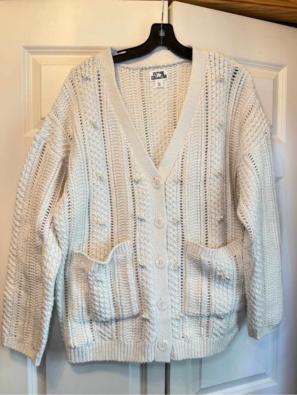 Future Collective Ivory Pearl Embellished Button-Up Knit Cardigan